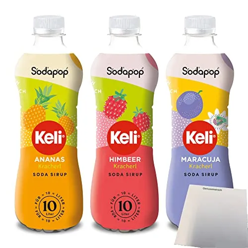 Sodapop Keli Sirup Multipack: Ananas, Himbeer & Maracuja für Wassersprudler (3x500ml Flasche) + usy Block