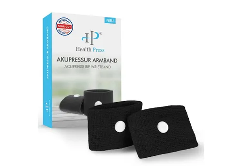 Health Press Akupressur-System-Bandage Armband Schwarz mit optimierter Passform für jedes Handgelenk geeignet, Dermatologisch getestet