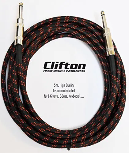Clifton Instrumentenkabel 6.3mm E Gitarre Kabel profesionell Lärmschutz mit Standard Klinke für Mono Gitarre, E Bass, Tasteninstrument 5m