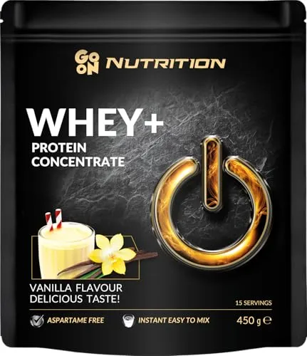 GoOn NUTRITION - Whey Protein Pulver Vanilla 450g, Shake, Milk Powder, Aminosäuren, Cremiger Geschmack, Molkenproteinkonzentrat WPC, Sports Nutrition, Eiweißpulver