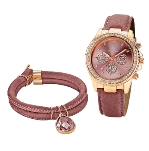 Crystal Blue Damen Armbanduhr Set Damenuhr Rose Chrono-Style Leuchtzeiger Plus Knebelarmband braun 2321