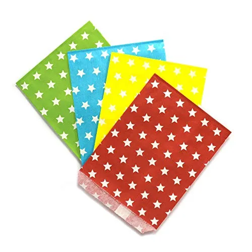 Frau WunderVoll® 100 PAPIERTÜTEN IM Set 9, 4x25 Stück: grün Sterne, beachblau Sterne, gelb Sterne, rot Sterne 13x16,5cm, 45Gramm Papier, flach/Hochzeit, Papiertütchen, Mitgebseltüten