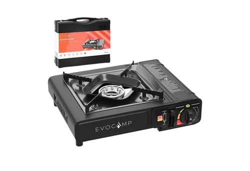 EVOCAMP Gaskocher 1-flammig mit Piezozündung und Tragekoffer - Campingkocher für Outdoor-Aktivitäten, 2000 W Leistung, stufenlos regulierbare Flamme und tragbar im praktischen Tragekoffer.