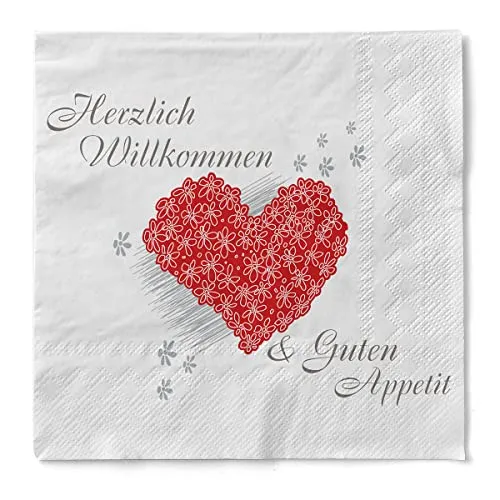 Sovie HORECA Tissue Serviette „Herzlich Willkommen & Guten Appetit“, 3-lagig, 40 x 40 cm, 100 Stück – Design mit bordeauxfarbenem Herz, Blumen & einladendem Schriftzug