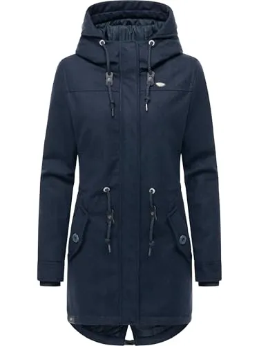 Ragwear Damen Wintermantel Ellba Coat A in Navy, Gr. L - Moderner Parka mit Taillenzugkordeln und großer Kapuze. Ideal für kalte Tage, bietet er hohen Tragekomfort und stilvolle Kombinationen für den Alltag.