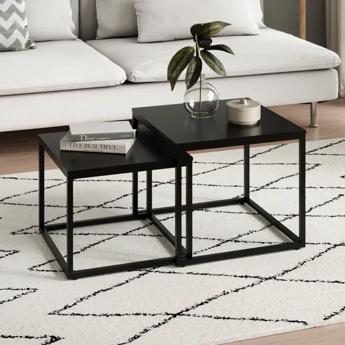 Couchtisch 2er Set quadratisch aus Holz - Modernes Beistelltisch Set 2 in 1 - Beistelltische fürs Wohnzimmer, platzsparend und flexibel arrangierbar mit hochwertiger Verarbeitung und stabilem Metallgestell für eine stilvolle Wohnatmosphäre.