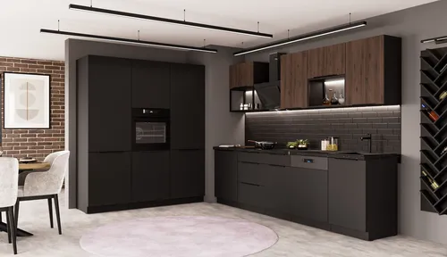 Küche SIENA + MONZA LOFT 280 + 180 Küchenzeile - Küchenzeile im trendigen Okapi Nussbaum und schwarz matt Design, bietet vielseitigen Stauraum und optimale Kombinationsmöglichkeiten für Ihre Traumküche.