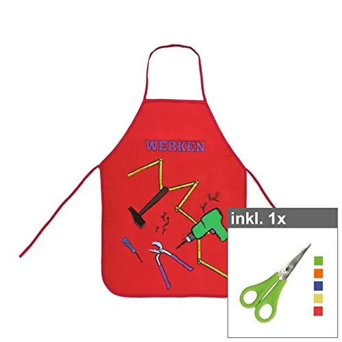 Werkenschürze für Kinder 45 x 60 cm rot inkl. Schere, Material: Baumwolle, Malschürze, Bastelschürze, Kinderschürze, Schulschürze, Bastelschere