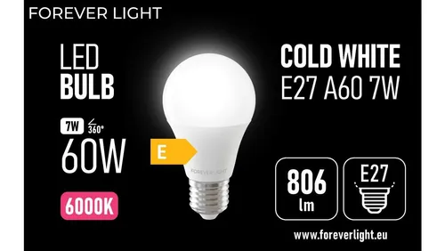 Żarówka LED E27 A60 7W 806lm 6000K klasa E Forever Light TELFORCEO 5907504518459