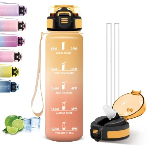 Mujigaga Trinkflasche 1l, Trinkflasche Sport, Breite Öffnung, Wasserflasche mit Strohhalm, mit Motivierendem Slogan, Wasserflasche Auslaufsicher, Flasche für Workout, Strand, Camping & Wandern