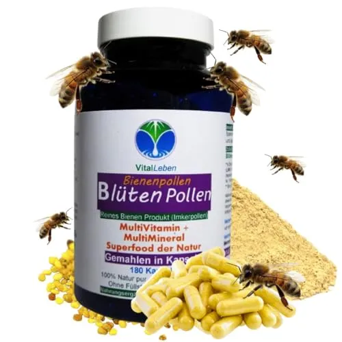 BLÜTENPOLLEN Kapseln - Hochwertige Bienenpollen für Ihre Gesundheit - Multivitaminpräparate & Mineralien, 100% natürliche Inhaltsstoffe ohne Zusatzstoffe, ideal für straffe Haut, schöne Haare und starke Abwehrkräfte.