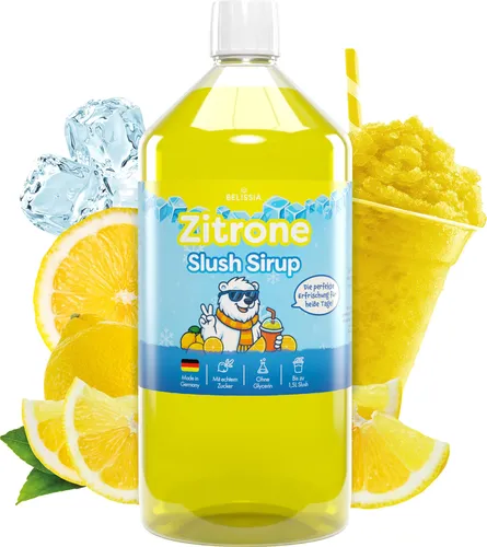 Belissia Slush Eis Sirup 1000ml Konzentrat | Zitrone Geschmack | sehr ergiebig in knalligen Farben (1:5) für bis zu 6 Liter | Glycerin frei