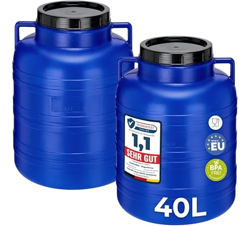 Garronda Set 2x 40 Liter Weithalsfass - BPA-frei Futtertonne und Regenfass - Set aus 2x 40L Fässern, BPA-frei und ideal für Lebensmittelaufbewahrung. Vielseitig einsetzbar als Regenwasserfass oder Wassertonne, perfekt für Garten und Werkstatt.