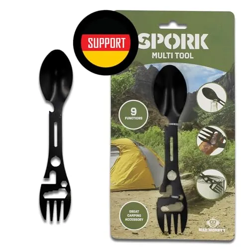 Spork Göffel Edelstahl - 9in1 Wohnmobil Gadgets - Vielseitiges Camping Multitool - Göffel Outdoor - Gabel, Löffel, Messer, Flaschenöffner, Dosenöffner, Schraubenschlüssel und mehr!