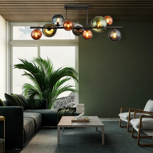 LED Deckenleuchte 9 Flammig mit Glaskugeln - Moderne Deckenlampe für das Esszimmer, 9x 350 Lumen warmweißes Licht, edles Design mit glänzenden Glaskugeln in Bronze und Petrol, ideal für stilvolle Akzente.