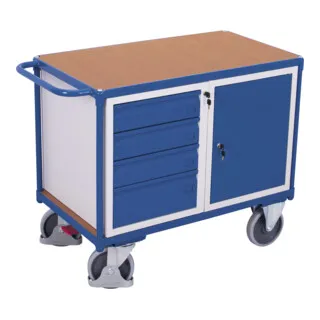 VARIOfit Werkstattwagen sw-600.698 - Tragkraft 500kg - Robuster Montagewagen mit 1 Schrank und 4 Schüben, ideal für Werkstätten. Integrierte EasySTOP-Bremse für sichere Mobilität und zentrale Abschließbarkeit.