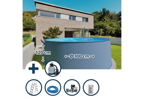 Waterman Rundpool Stahlwandpool Set (7-teilig) hoch rund 300 x 120 c (Komplett-Set), verzinkte Stahlwand