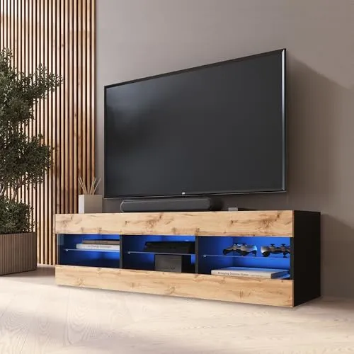 Komodee TV Schrank Tivoli, Wotan/Schwarz - TV-Halterung mit LED-Beleuchtung, Platz für RTV-Geräte und viel Stauraum für Bücher und Andenken, ideal für Wohnzimmer und Schlafzimmer.