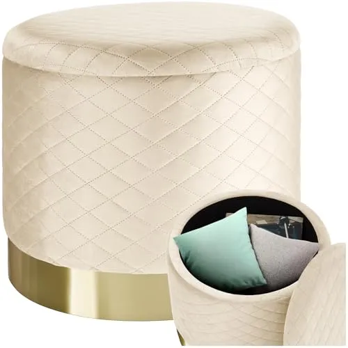 tectake® Sitzhocker mit Stauraum - Eleganter Samt Pouf in Creme - Stilvoller Hocker mit verstecktem Stauraum für Decken und Kissen, ideal für Wohnzimmer oder Flur. Luxuriöser Samtbezug und stabiler goldener Sockel sorgen für besten Sitzkomfort und ein elegantes Ambiente.