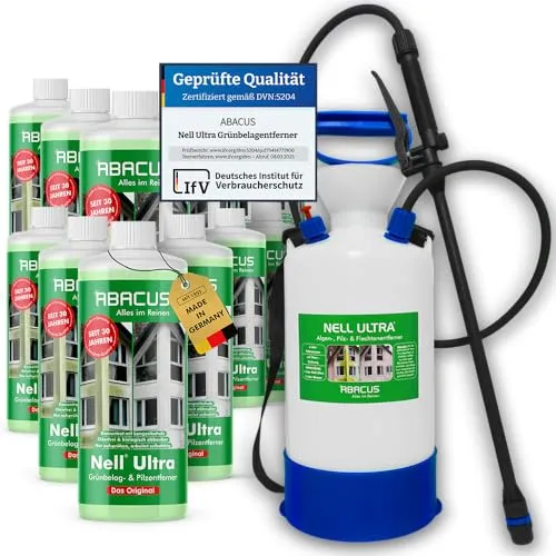 ABACUS Nell Ultra Algenentferner mit Drucksprüher 7L - Grünbelagentferner mit Langzeitwirkung, entfernt selbsttätig Grünbelag, Algen und Pilze ohne Schrubben. Ergiebig und biologisch abbaubar, ideal für verschiedene Oberflächen.