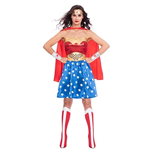 Amscan Wonder Woman Kostümset für Erwachsene - Kostüm-Outfits für Erwachsene, inklusive Kleid, Umhang, Arm- und Beinstulpen sowie Stirnband - ideal für Motto-Partys und Karneval, verwandeln Sie sich in die legendäre Superheldin!