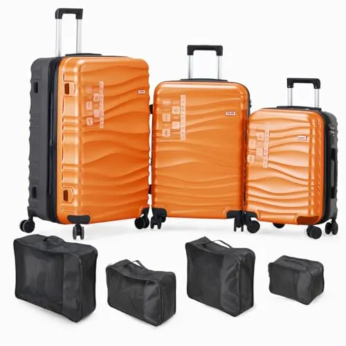 DMS 7-teiliges Hartschalen-Kofferset - Orange - Gepäck-Sets mit höhenverstellbarem Teleskopgriff, 4 stabilen Rollen und integriertem Zahlenschloss für stressfreies Reisen. Ideal für Geschäftsreisen und Familienurlaube.