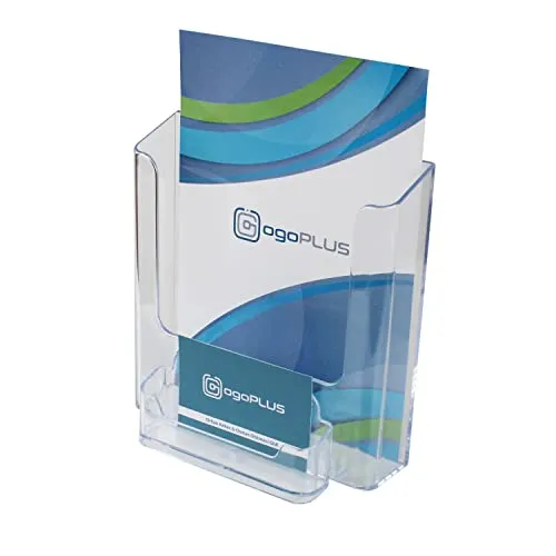ogoPLUS DIN A5 Wand-Prospekthalter Hochformat mit Visitenkartenständer Querformat, Prospektständer, Flyer-Ständer, Visitenkartenhalter, Prospektbox glasklar, Aufsteller, Werbung, Wandprospekthalter