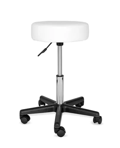 dibea Rollhocker 360° drehbar - höhenverstellbarer, gepolsterter Arbeitshocker in Weiß - Barhocker mit 360° drehbarem Sitz und stufenloser Höhenverstellung, ideal für Büro, Praxis oder Werkstatt. Pflegeleichtes Kunstleder und stabiler Stahlfuß sorgen für Komfort und Langlebigkeit.