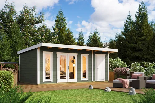 Gartenhaus Blockhaus Pultdach 44 mm Sizilien 2 grün - Gartenhaus aus robustem Holz, abschließbar und mit 19,32 m² Nutzfläche, ideal für Gartenlagerung oder Freizeitgestaltung.
