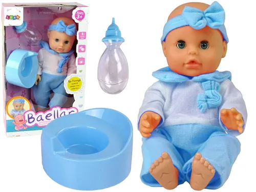 Puppe im blauen Pyjama trinkt, Flasche, Nachttopf (Spielzeug - Puppen)