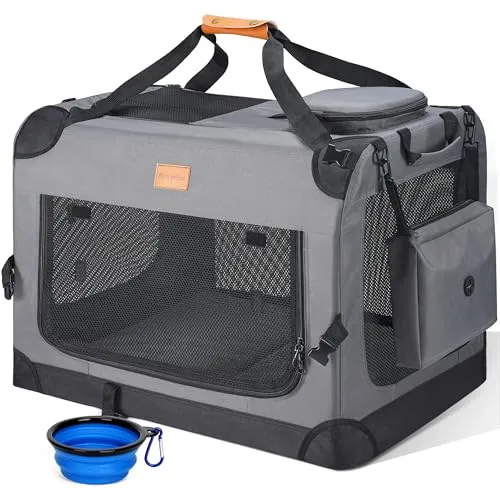 Morpilot Transportbox Hund Katze Transporttasche M 60x42x42cm, Hundebox Auto Faltbare Hundetransportbox, robust Haustier-Transportbox inkl. Hundenapf & Schultergurt