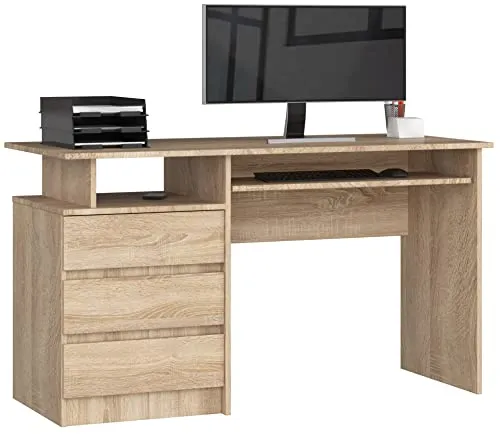 AKORD PC-Schreibtisch CLP 135 mit Tastaturablage - Schreibtisch mit großer Arbeitsplatte (B135 x T60 cm) und 3 geräumigen Schubladen, ideal für ein aufgeräumtes Home Office oder Jugendzimmer. Pflegeleichte, kratzfeste Oberfläche für einfache Reinigung.