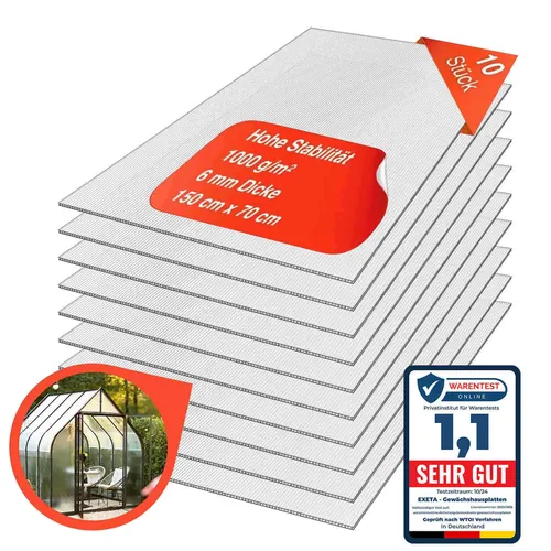 exeta Hohlkammerplatte 6mm - 10 Stück Polycarbonatplatten 70 x 150 cm - Hohlkammerplatten für den Außenbereich, witterungsbeständig und ideal für Gewächshäuser, 10,50 m² Fläche im Spar-Set.