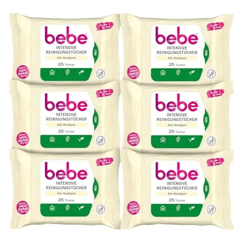 bebe Intensive Reinigungstücher (6 x 25 Tücher), Abschminktücher mit natürlichem Jojobaöl, Make-up Entferner aus Fasern 100% pflanzlichen Ursprungs, Gesichtsreinigung für alle Hauttypen, vegan*