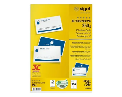 Sigel Visitenkarten LP853, Edelkarton hochweiß-matt, ohne Perforation 250 g/m²