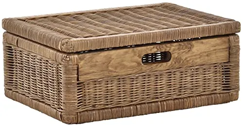 Korb mit Deckel Rattan geflochten - Klein - Regalkorb aus geflochtenem Rattan mit Klappdeckel, ideal für die stilvolle Aufbewahrung im Badezimmer. Handgefertigt und aus Naturmaterialien, Maße: 43cm x 32cm x 17cm.