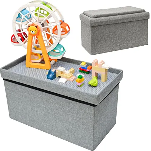 Kinder Aufbewahrungsbox mit Bauplatte - 53x27x30 Sitzbank - Baustein Spieltisch - 3-in-1 Kinderzimmermöbel: Aufbewahrungsbox, Sitzhocker und Spieltisch in einem, perfekt für kreatives Spielen und Aufbewahrung - 100% kompatibel mit gängigen Bausteinen.