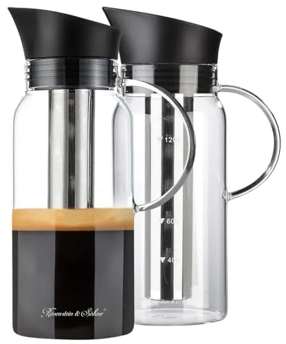 Rosenstein & Söhne Kaltbrüh-Kaffeemaschine: 2er-Set Cold-Brew-Kaffeebereiter aus Glas, Edelstahlfilter, 1.200 ml (Cold Brew Kaffee, Kaffeebereiter Verfahren)
