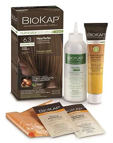 BIOKAP RAPID Permanente Haarfarbe 6.3 Dunkel Goldblond | NUR 10 MINUTEN EINWIRKZEIT | Bio Arganöl - TricoREPAIR Komplex - VEGAN | Optimale Grauabdeckung | Bis zu 80% natürliche Inhaltsstoffe