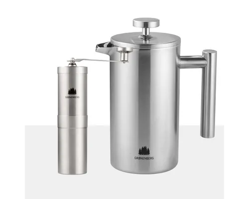GRØNENBERG French Press Kanne Spar Set 1: Manuelle Kaffeemühle + French Press (350, 600, 1000ml), Edelstahl Kaffeebereiter mit Thermo Effekt & inkl. Ersatz Filter