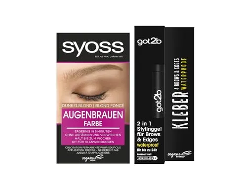 Syoss Augenbrauen Kit 6-1 Dunkelblond mit got2b Kleber - Syoss Augenbrauen Kit 6-1 Dunkelblond (17 ml) für langanhaltende Farbergebnisse. Inklusive got2b Kleber für Brows & Edges (16 ml), wasserfest und ideal für den täglichen Einsatz.