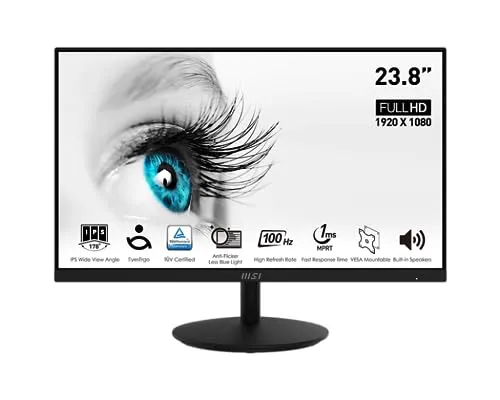 MSI PRO MP242A - 23,8 Zoll Monitor - Vielseitiger 23,8 Zoll IPS-Monitor mit TÜV-Zertifikat, Anti-Flicker und Less-Blue-Light-Technologie für augenschonendes Arbeiten. Ideal für Programmierung und Webdesign.