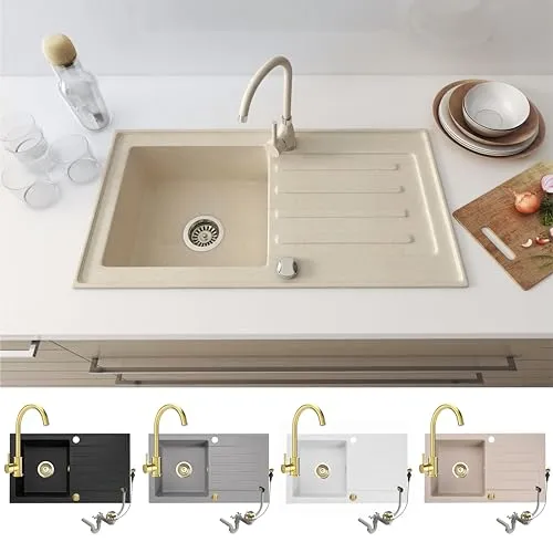 Faizee Möbel Granitspüle 76x44 cm Beige mit Goldarmatur - Hochwertige Küchenspüle aus 80% Quarz, kratzfest & hitzebeständig. Inkl. goldener Armatur & Siphon-Set für stilvolles Design. Ideal für Unterschränke ab 45 cm.