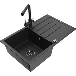 Mexen Bruno 1 Becken-Granitspüle mit Abtropffläche und Mischbatterie Duero, Schwarz/Silbermetallic - 6513-73-671600-70-B