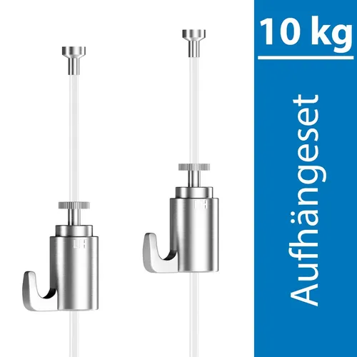 Aufhängeset 10kg - 2 Bilderhaken und 2 Perlonseil mit Gleiter - Bilderrahmen Aufhängeset für einfache Montage in jedem Raum, ideal für eine sichere und flexible Bildpräsentation.