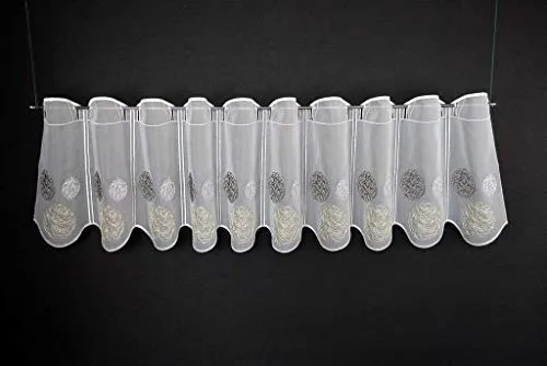 Scheibengardinen Höhe Variabel Scheibengardine bestickte Kugeln 30 cm hoch weiß mit Creme/braun - Wunschbreite frei wählbar durch gekaufte Menge in 15,5 cm Schritten - Meterware