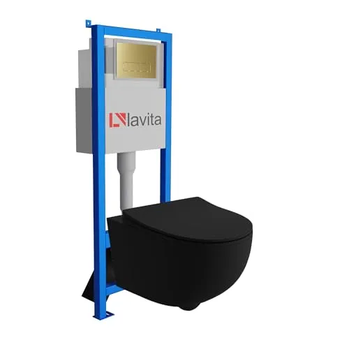Lavita LAV 101 Vorwandelement für WC 40cm + Wand Hänge Tiefspül WC BRAVA Schwarz Spülrandlos + Bedienplatte LAV 200.3.5 Gold | Komplettset | Unterputz Spülkasten | Toilette Komplett Sett