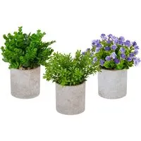 Relaxdays Kunstpflanzen 3er Set in Grün, Lila und Grau - Set mit 3 künstlichen Pflanzen für eine moderne Wohnraumgestaltung. Ideal für jedes Zimmer, benötigen keine Pflege und verblassen nicht. Stilvolle Blumentöpfe in Beton-Optik setzen Akzente.