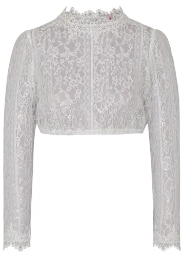 Spieth & Wensky Damen Dirndlbluse Ermelina - Offweiß, Größe 36 - Elegante Dirndlbluse mit schimmerndem Stoff und Spitzenstehkragen, perfekt für festliche Anlässe und traditionelle Trachtenmode.