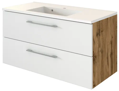 Held Möbel Waschtisch Livorno 100 cm - Badezimmerschränke, moderner Waschtisch in Wotaneiche und matt weiß, bietet großzügigen Stauraum und fügt sich stilvoll in jedes Badezimmer ein.